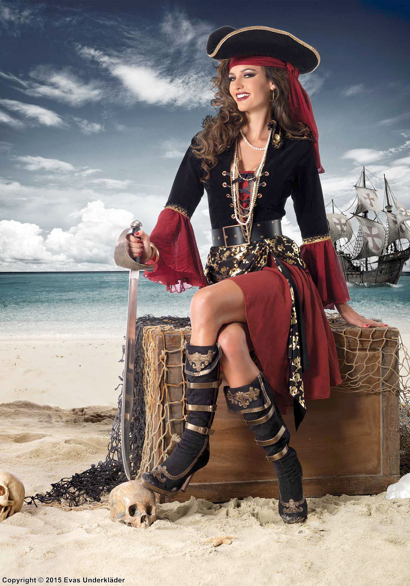 Weibliche Piratenkapitänin, Kostüm-Kleid, Schnürung, Schulterklappe, Totenköpfen, Samt